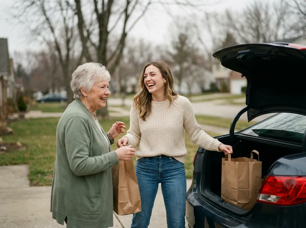 Une accompagnatrice et une aînée déchargent les courses ensemble après une visite.