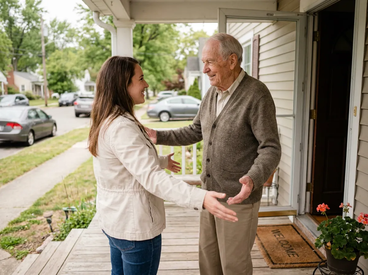 A senior greets his new companion warmly on his front porch.